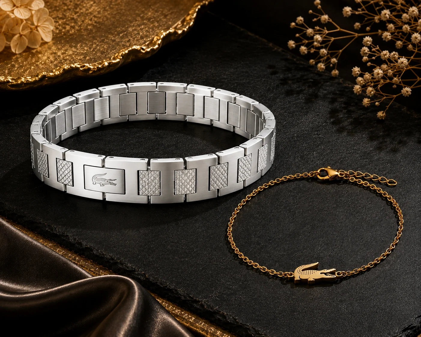 Matching couple's bracelet set in silver and gold