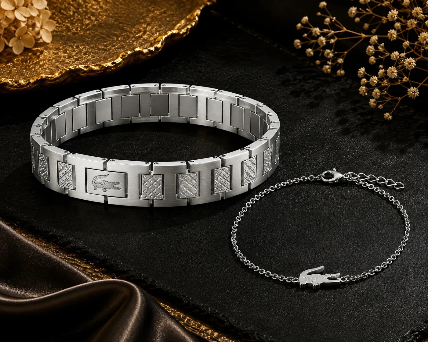 Matching couple's bracelet set in silver