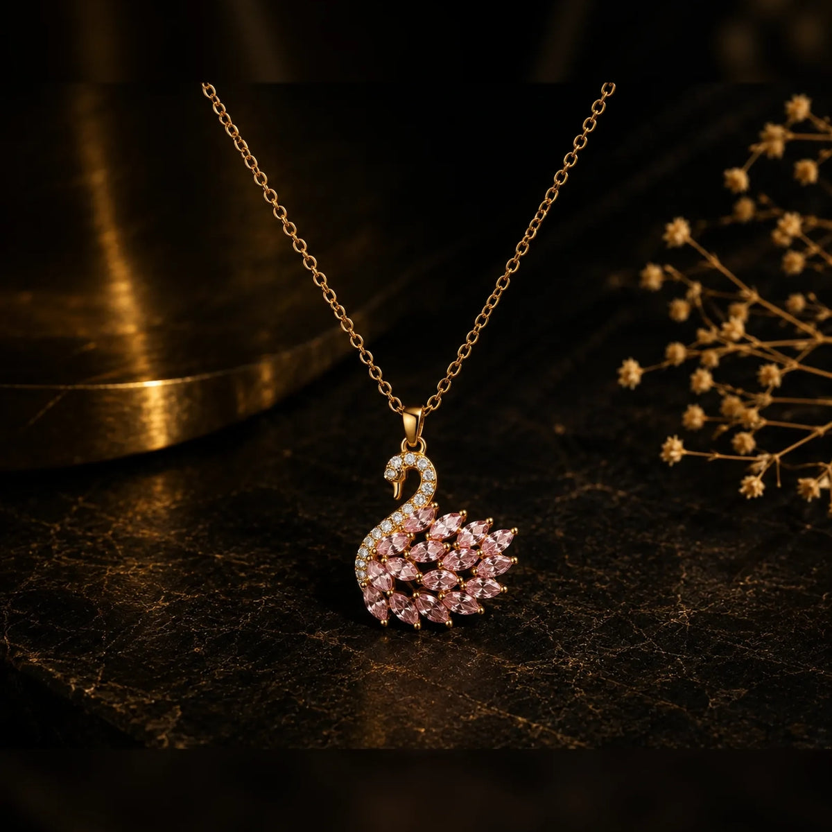 Gold and pink crystal pendant necklace