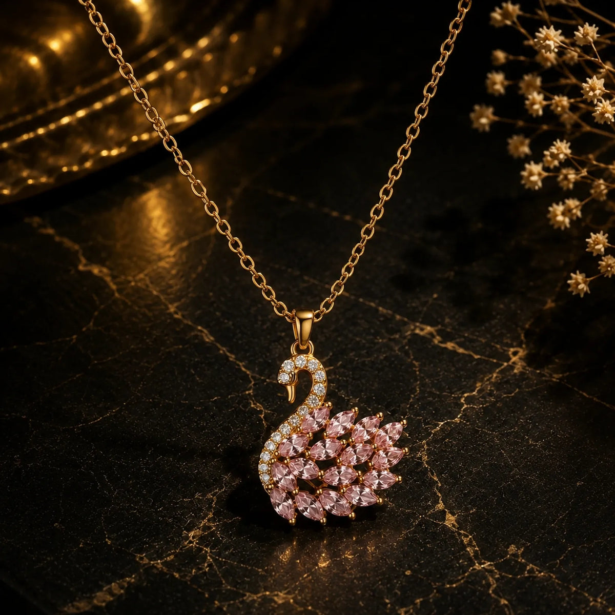 Gold and pink crystal pendant necklace
