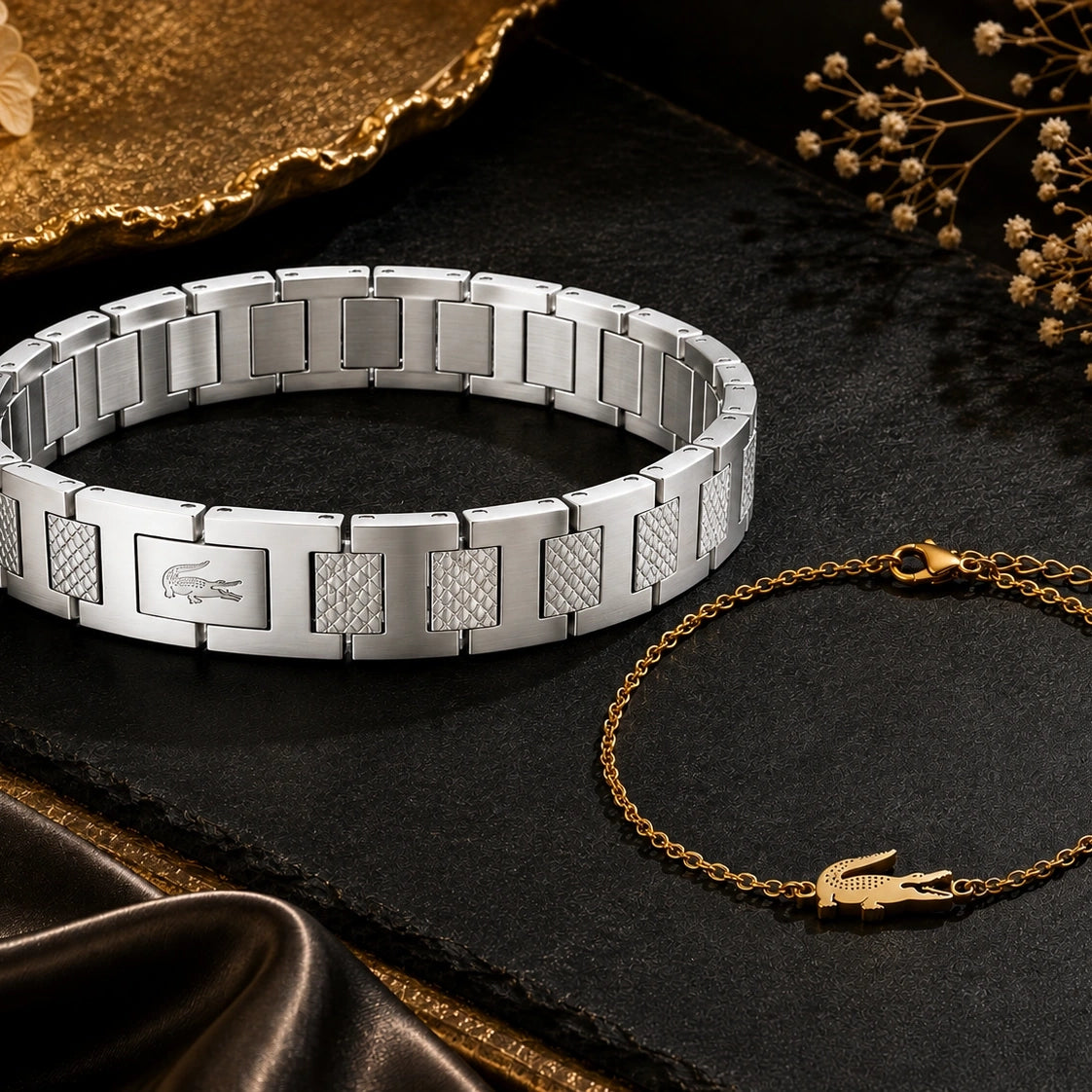 Matching bracelet set in silver and gold