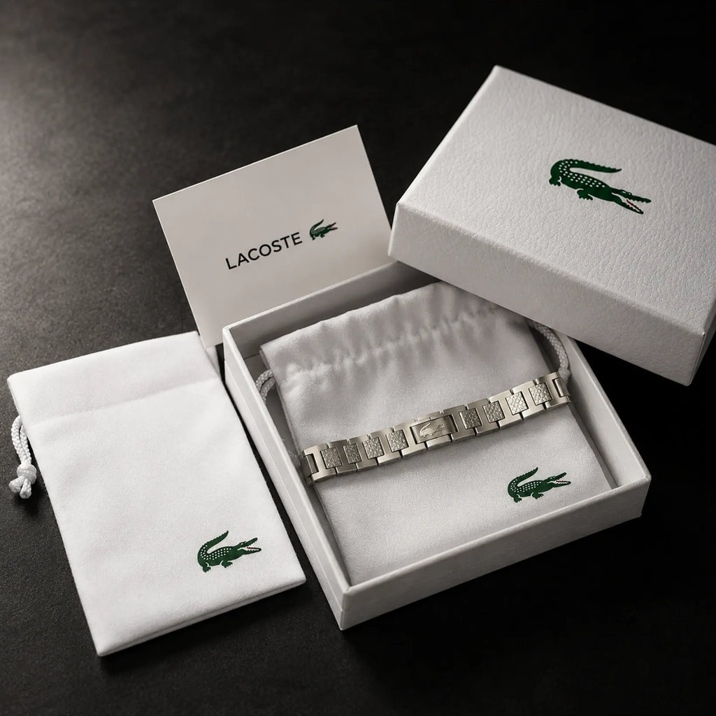 Men's silver stainless steel link bracelet in gift packaging