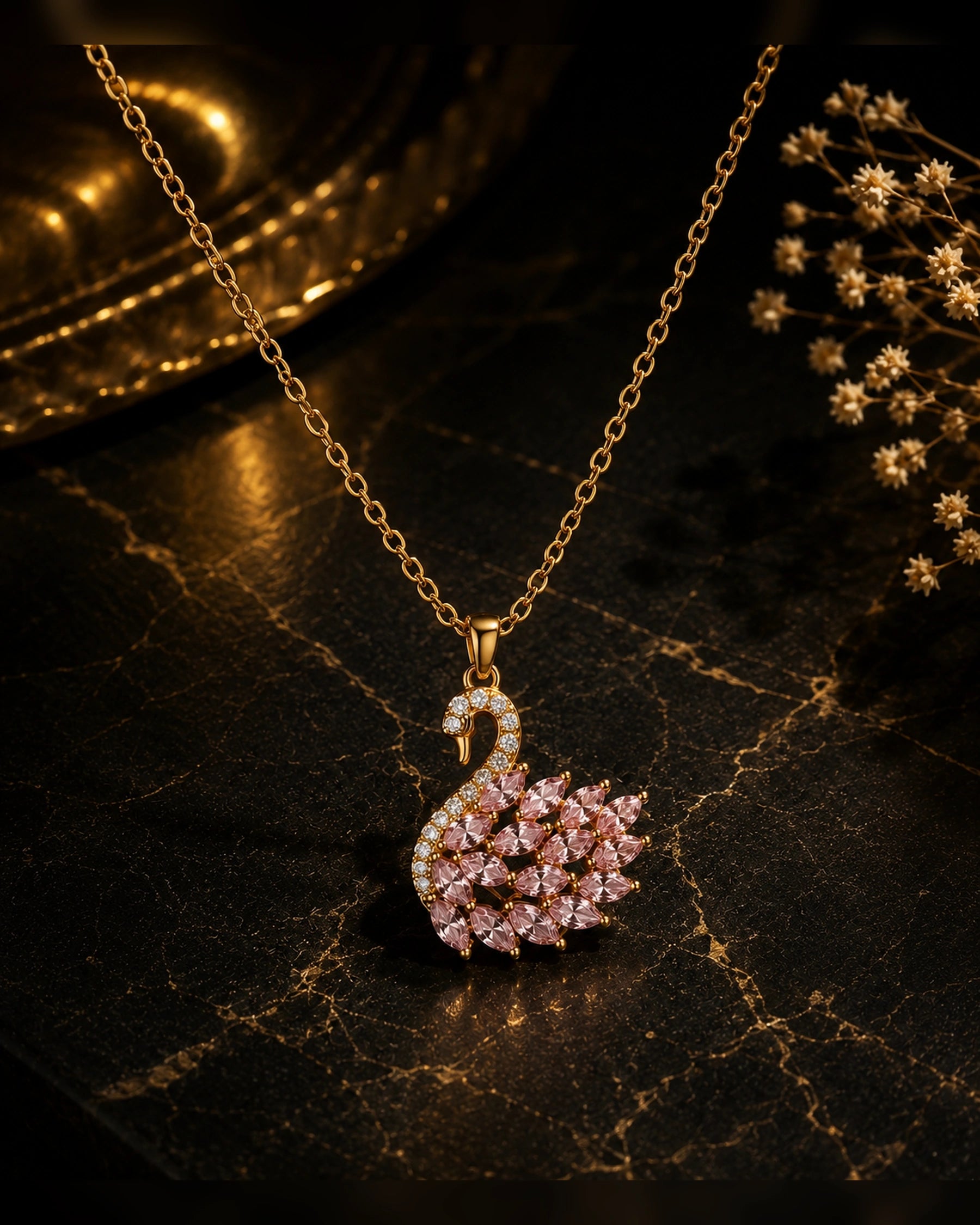Swan necklace in gold and pink