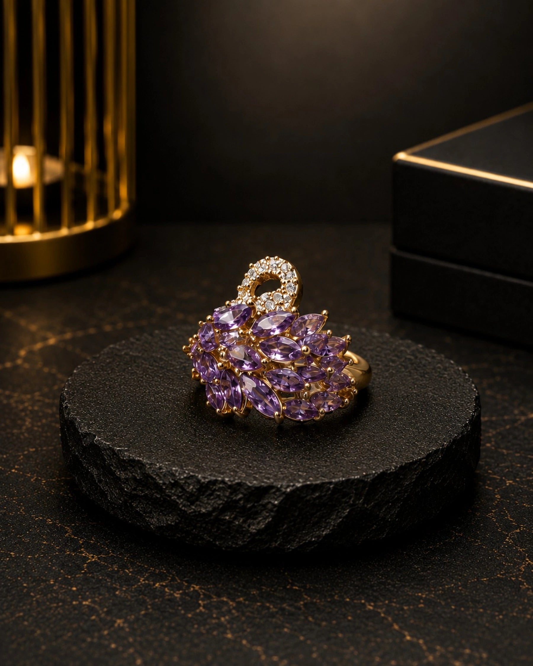 Swan ring in gold and purple